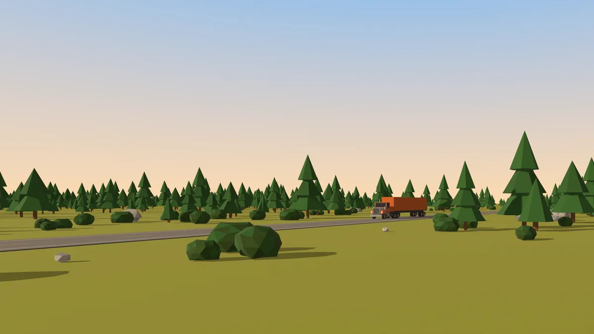 A low-poly orange semi truck on a two-lane road through the pines at golden hour