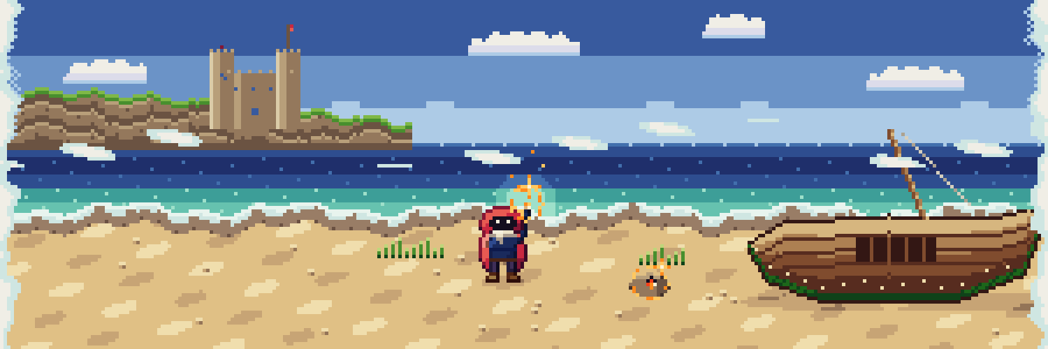 16-bit pixel art: a hooded hero on a beach beside a wrecked wooden boat, a castle across the water