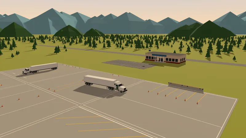 A truck-driving school campus with a wide practice yard and training rigs